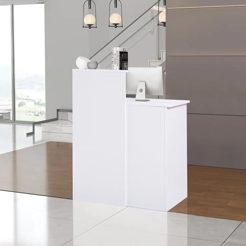 Zethvax Reception Desk with Counter,Small Front Desk with Two Lockable Drawers,Cable Management Holes,Counter Table for Salon Lobby Office Home (White)