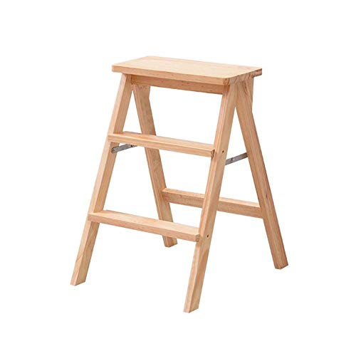 ZBSAVFM 3 Steps Wooden Ladder Stool Portable Folding Step Stool Kitchen Office Stair Chair Safety Stepladder Seats (Natural Color)