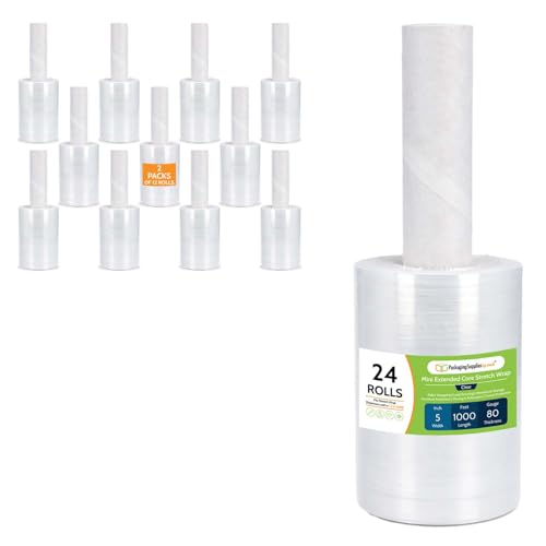 PSBM Mini Extended Core Platic Stretch Film Wrap 5" x 1000' 80 GA 24 Rolls