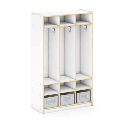 Guidecraft EdQ 3-Section Wooden Storage Locker for Classroom, Kids White Cubby Organizer with Shelves and Hooks for Coats