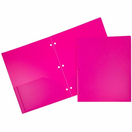 JAM PAPER Heavy Duty Plastic 3 Hole Punch Pocket Folders - Extra Tough School Folders - Fuchsia Hot Pink - Bulk 48/Pack