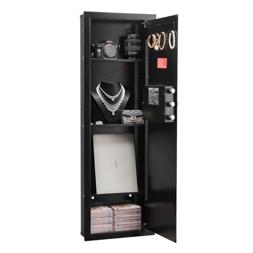 VEVOR 43.3" High Wall Safe, 4-Tier Hidden Wall Mounted Gun Safe with Password & Key, Q235 Cold-Rolled Steel In-Wall Box with LED Lighting, 3 Adjustable Shelves & Key Holders, Black
