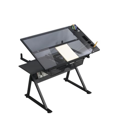 Caforkp Black Adjustable Tempered Glass Drafting Table with Chair, Height Adjustable, Large Storage, for Painting Crafting Designers Art Students