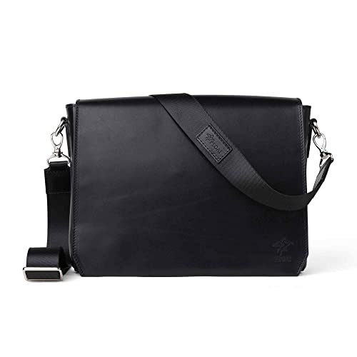 PEGAI Leather Handmade Messenger Bag for Men and Women, 13” Laptop Case with Shoulder Strap, Laptop Bag for Men, School, Work, Office, Adjustable Satchel Bag, Magnetic Closure | Ray (Black)