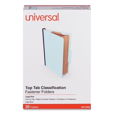 Universal Light Blue Top Tab Classification Fastener Folder, Legal Size, 2/5 Cut, 2 Dividers, 6 Fasteners, Pack of 12