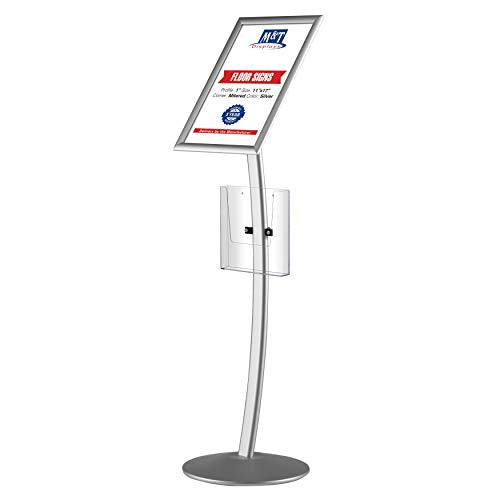 M&T Displays Curved Menu Board, 11x17 Inch Pedestal Sign Holder with 8.5x11 Inch Brochure Holder Silver Floor Standing Aluminum Front Loading Easy Open Poster Message Advertisement Post