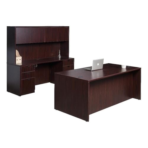 Boss Office Products Holland 71" Executive Desk and Credenza with Dual File Storage Pedestal and Hutch, Mahogany