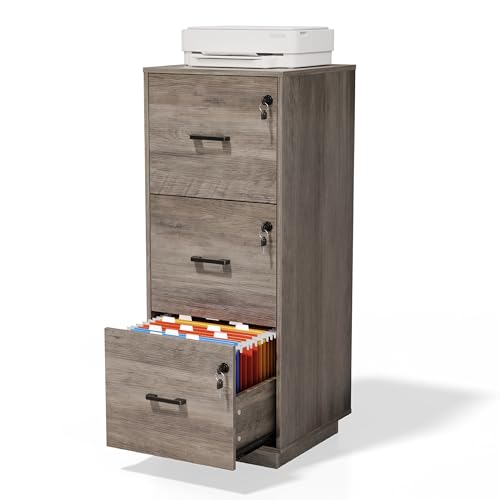 VINGLI 3 Drawer File Cabinet with Lock, Home Office Filing Organizer, for Letter Size File Folder Storage, Wood Tall Vertical Filing Cabinet, Printer Stand, Archivador (Rustic Gray)