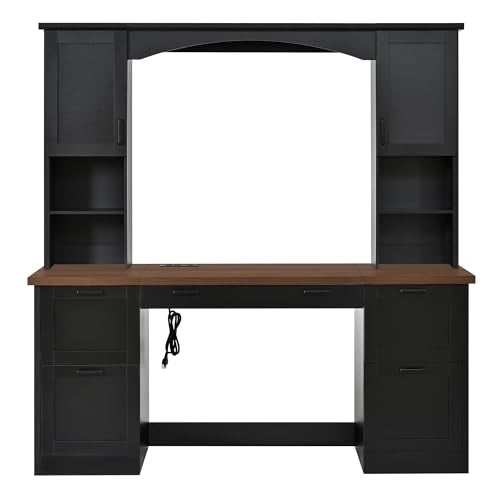 roomfitters Farmhouse Arched Computer Desk with Hutch, Home Office Writing Workstation Charging Station File Drawer, Black
