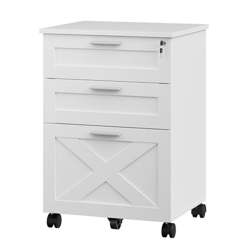 FinerFurnis Secure 3-Drawer Wood File Cabinet with Lock, Mobile Under Desk Filing Cabinet, Rolling Printer Stand for Letter/Legal/A4, White