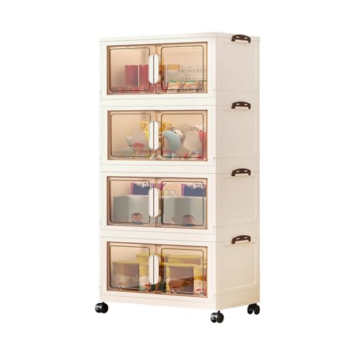 Ergocar Storage Box, Magnetic double opening door large -capacity locker，Transparent Stacking Plastic Storage Boxes with Pulley, for Bedroom, Living Room, Office and Kitchen