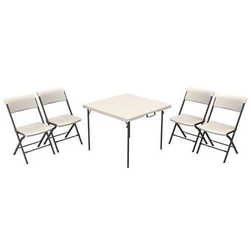 LIFETIME Folding Table and Chair Set, 37-Inch Square Fold-in-Half Table with 4 Chairs, Almond, Steel Frame