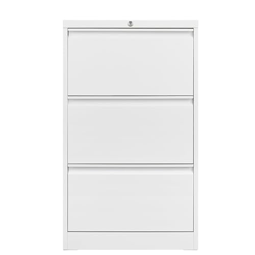 3 Drawers Lateral File Cabinet with Lock, Metal Filing Cabinet with Card Holder, Steel Drawer File Cabinets for Under Desk Use, Perfect for Home Office, Legal, Letter, f4, a4 Size Documents,White