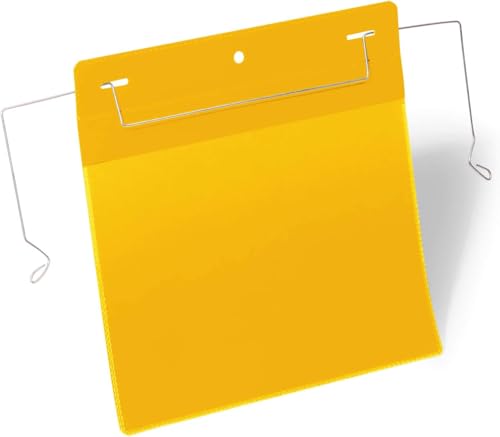 Durable Document Pocket with Wire Hanger A5 Landscape | Pack of 50 Yellow Document Holders | Perfect for Labelling Shelves, Racking, Boxes etc. in Warehouse and Logistic Centres