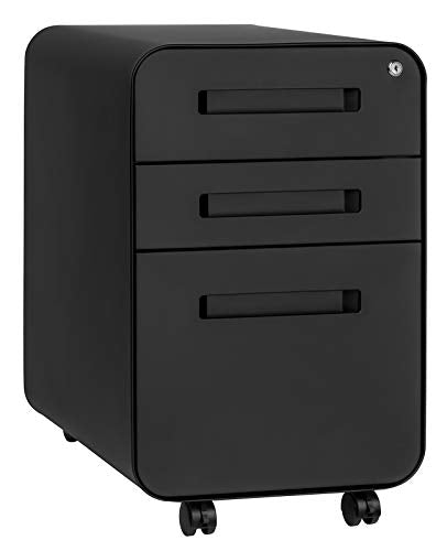Laura Davidson Furniture Stockpile 3 Drawer File Cabinet with Lock - Under Office Desk Metal Filing Cabinet, Legal/Letter File Folders, Wheels and Stationary Feet, Pre-Assembled, Black