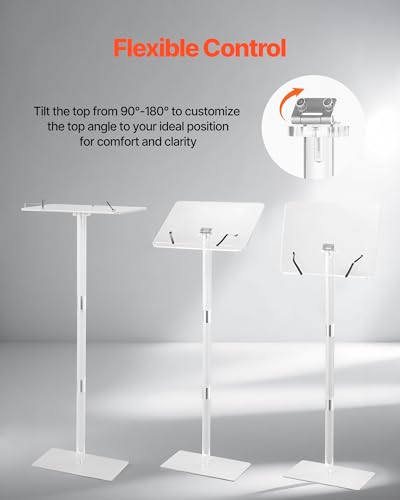 VEVOR Podium Stand, 41-Inch Acrylic Lectern, Portable Laptop Desk with Wide Reading Surface, Book Clips, Adjustable Angle, Floor-Standing, for Classroom, Wedding, Conference, Lecture and Concert