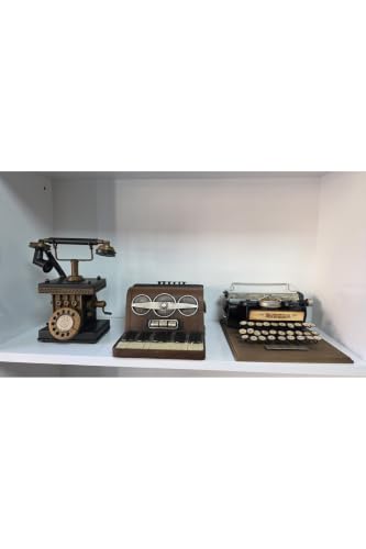 3-Piece Decorative Metal Set: Accordion Coin Bank, Vintage Phone Coin Bank, & Typewriter - Retro Style, Handcrafted Metal & Wood - Unique Home Decor Accents - Metalik, Metalik Eskitme, Kahverengi