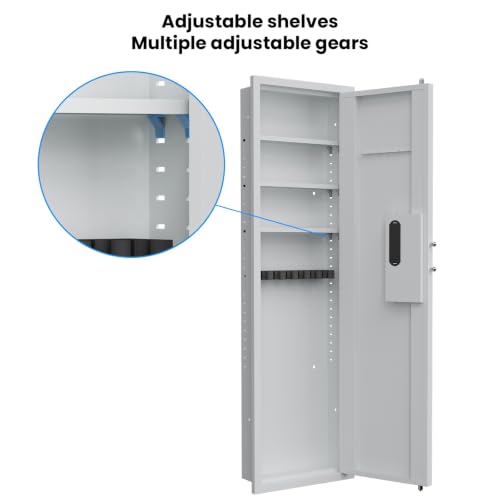 53 Inch Fingerprint In‑Wall Safe, Hidden Wall Gun Safe for Rifles, Heavy‑Duty Steel Wall‑Mounted Safe with Adjustable Shelves, Security Storage Cabinet for Firearms and Valuables, White