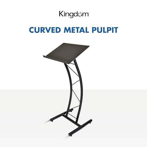 Kingdom KML8CB All Metal-Constructed Curved Lectern with “H” Style Base, Stand up Church Pulpit, Slanted Lectern, Conference Podium for Speakers, Speeches, Other Occasions, Powder Coat Finish Black