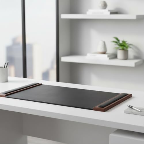 DACASSO Wood & Leather Desk Pad with Side Rails - Luxury Leather Desk Blotter for Writing - Padded Executive Desk Surface Protector - (Walnut & Black, 34” x 20”)