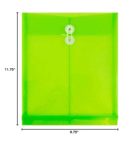 JAM Paper Plastic Envelopes with Button & String Tie Closure - Letter Open End - 9 3/4" x 11 3/4" - Lime Green - 108/pack