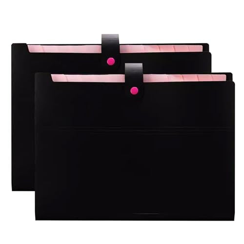 Folders,Document Organiser, Protective File Storage,2 Pack Expanding File Folders with 9 Pockets, A4 Accordion File Folder, Wallet Organiser Divider Folders with Snap Closure/Beige (Color : Black)