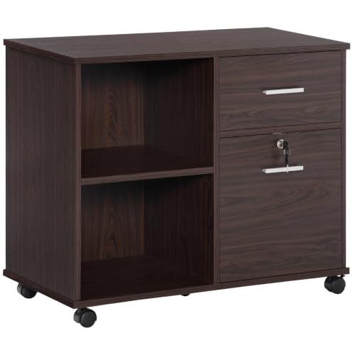Vinsetto Lateral File Cabinet with Wheels, Mobile Printer Stand with Open Shelves and Drawers for A4 Size Documents, Walnut