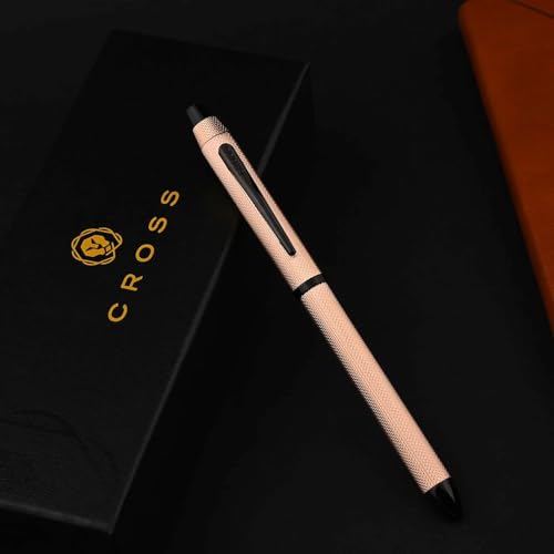 Cross Tech3+ with Sophisticated Brushed Rose Gold Diamond Pattern Finish Barrel, 0.5mm Pencil, Black and Red Ink Refills, Interchangeable Cap Tops in Premium gift box