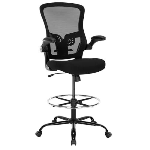 Luckyear Ergonomic Drafting Chair – Tall Office Chair for Standing Desk, Adjustable Height Mesh Chair with Footrest and Flip-Up Arms, Counter Stool, Black
