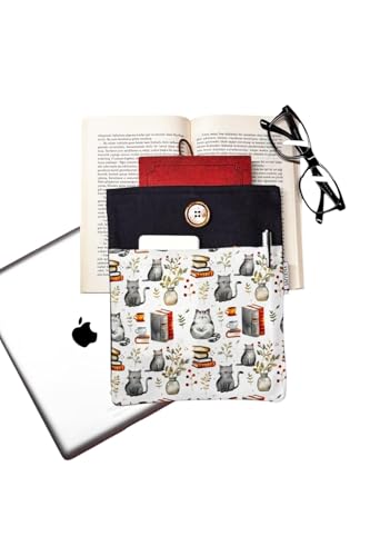 Book Tablet Ebook Sleeve Case - Gray Cats Books Print Medium Cotton - Gray - White, M