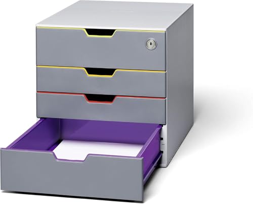 Durable Varicolor Drawer Organizer, 4 Lockable Color Coded Drawers, Gray