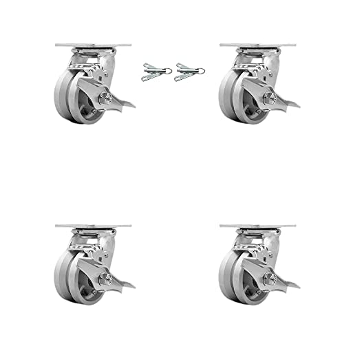 Heavy Duty Swivel Caster Set of 4 with 4 Inch V Groove Semi Steel Cast Iron Wheels and Ball Bearings-Includes 2 Swivel with Brakes and Bolt on Swivel Locks and 2 Swivel with Brake-Service Caster Brand