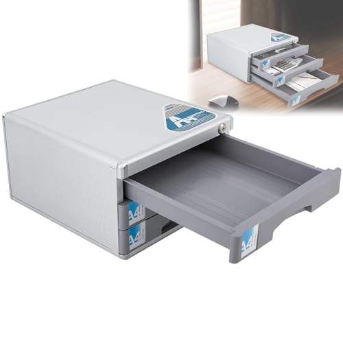 ZephPerton 3 Drawer Lockable Desktop Drawer Organizer, A4 Aluminum Alloy Lockable File Organizer with Label Holders, 180° Folding Design with Security Lock Design and Keys for Home School Classroom