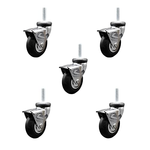 3 Inch Swivel Caster Wheels for Furniture - Bright Chrome Hooded Neoprene Rubber Wheel with 12mm - 1.75 x 1-1/2 Inch Metric Threaded Stem and Brake-550lbs. Total Capacity-Set of 5-Service Caster Brand