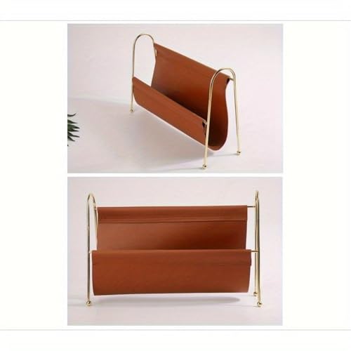 File Organizer Metal Magazine Rack - Faux Leather Desk Organizer with Gold Frame, Compact Storage Desk