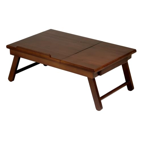 Furnifact Flip Top Lap Desk with Drawer, Foldable Legs, Tilting Surface for Reading, Solid Wood, Brown, Portable