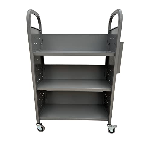 Workington Rolling Book Truck Book Cart with 3 Flat Shelves, Library Book Cart with Swivel Lockable Casters 3001 Gray