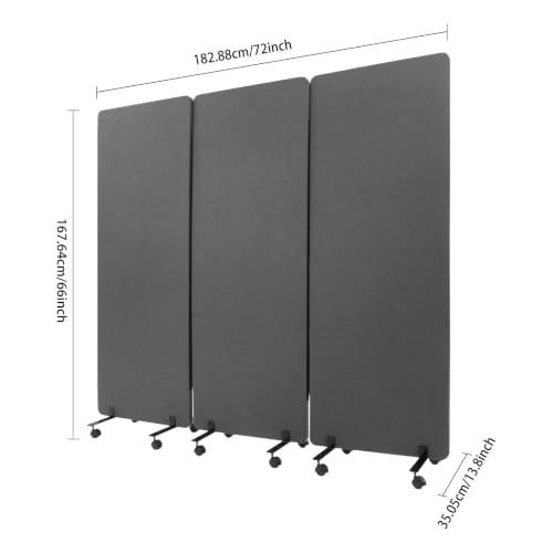 72" X 66" 3-Panel Soundproof Room Divider w/Wheels for Office(Dark Gray)