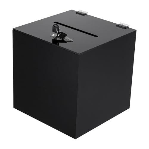 SHOUMANUAL Acrylic Donation Box, 10" X 10" X 10" Ballot Suggestion Box with Lock & 2 Keys, Raffle Voting Box with Slot for School Conference Fundraising (Black)