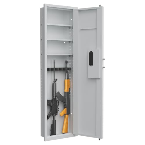 53 Inch Fingerprint In‑Wall Safe, Hidden Wall Gun Safe for Rifles, Heavy‑Duty Steel Wall‑Mounted Safe with Adjustable Shelves, Security Storage Cabinet for Firearms and Valuables, White