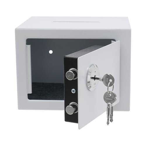 Small Safe Box with Drop Slot, Safety Box for Money, Depository Safe with Drop Slot Mountable CashBox with Lock for Home & Office Security (White)