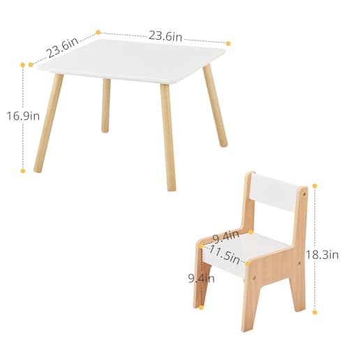 3 Pieces Wood Table and Chairs Set,Square Wooden Activity Tables,Bedroom Student Writing Desk,Study Dining Reading Table Set,with Wood Frames,for Small Space Living Room Study Room Playroom (White)
