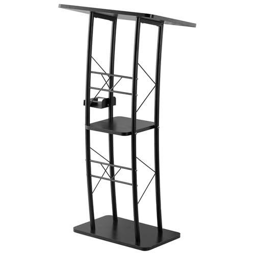 VEVOR Podium Stand, 47-Inch Metal Lectern, Curved Standing Podium with Wide Reading Surface, Open Storage Compartment, Book Stopper, Cup Holder, for Classroom, Wedding, Conference, Speech, and Concert