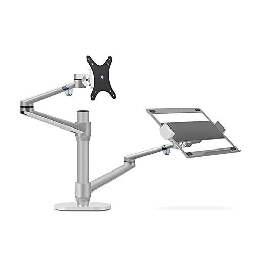 Monitor Mount Adjustable Dual Arm Desk Mounts LCD Monitor and Laptop Mount Single Desk Arm Holder for 17"-32" Screens, Extra Tray Fits 12"-17" Laptops Monitor Arm Stand (Color : Silver)