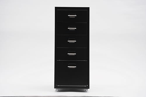 5 Drawer Mobile File Cabinet, Metal Mobile Filing Cabinets with Lock, Storage Organization with Wheels Vertical Filing Chest Rolling Wood for Home Office to Organization Hanging Letter, Legal (Black)