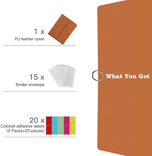 ONMYJFD A5 Leather Binder Budget Planner Organizer 6 Binder Cover with 15 Pcs Envelope Pockets,Label,for Money Saving Budgeting(E)