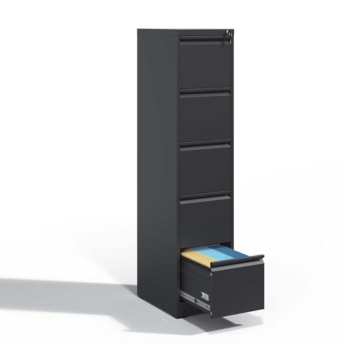 LOONGYOON 5 Drawer Vertical Metal File Cabinet with Lock Steel Versatile Filing Organization Storage Cabinets for A4 Legal/Letter Size Home Office Assembly Required Anti-Tilting Waterproof Black