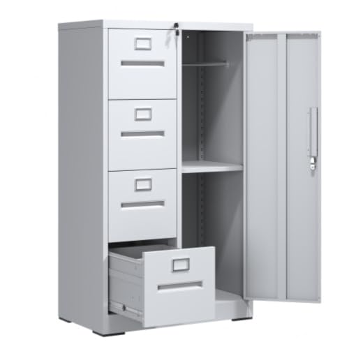 Daklpiw 4 Drawer File Cabinet with Lock & 1 Door, Metal Storage Unit with Shelves and Hanging Rod, Vertical Filing Cabinet for Home Office, Fits Letter/Legal/A4/F4, Easy Assembly (White)