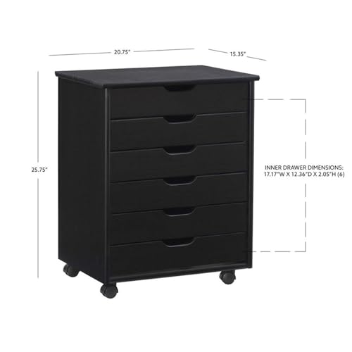 Linon Callie Black Six Drawer Rolling Storage Cart in Black Wood