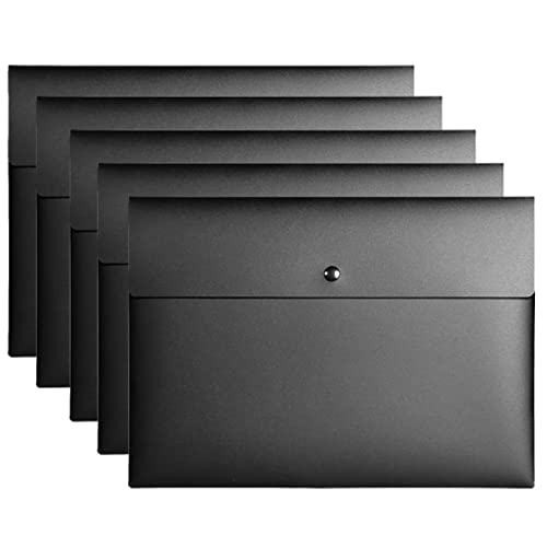 WODHAZNC 5 Pack A4 Letter Size File Folder Pockets Jacket Plastic Envelope Flat Document Organizer with Snap Button Closure(D)